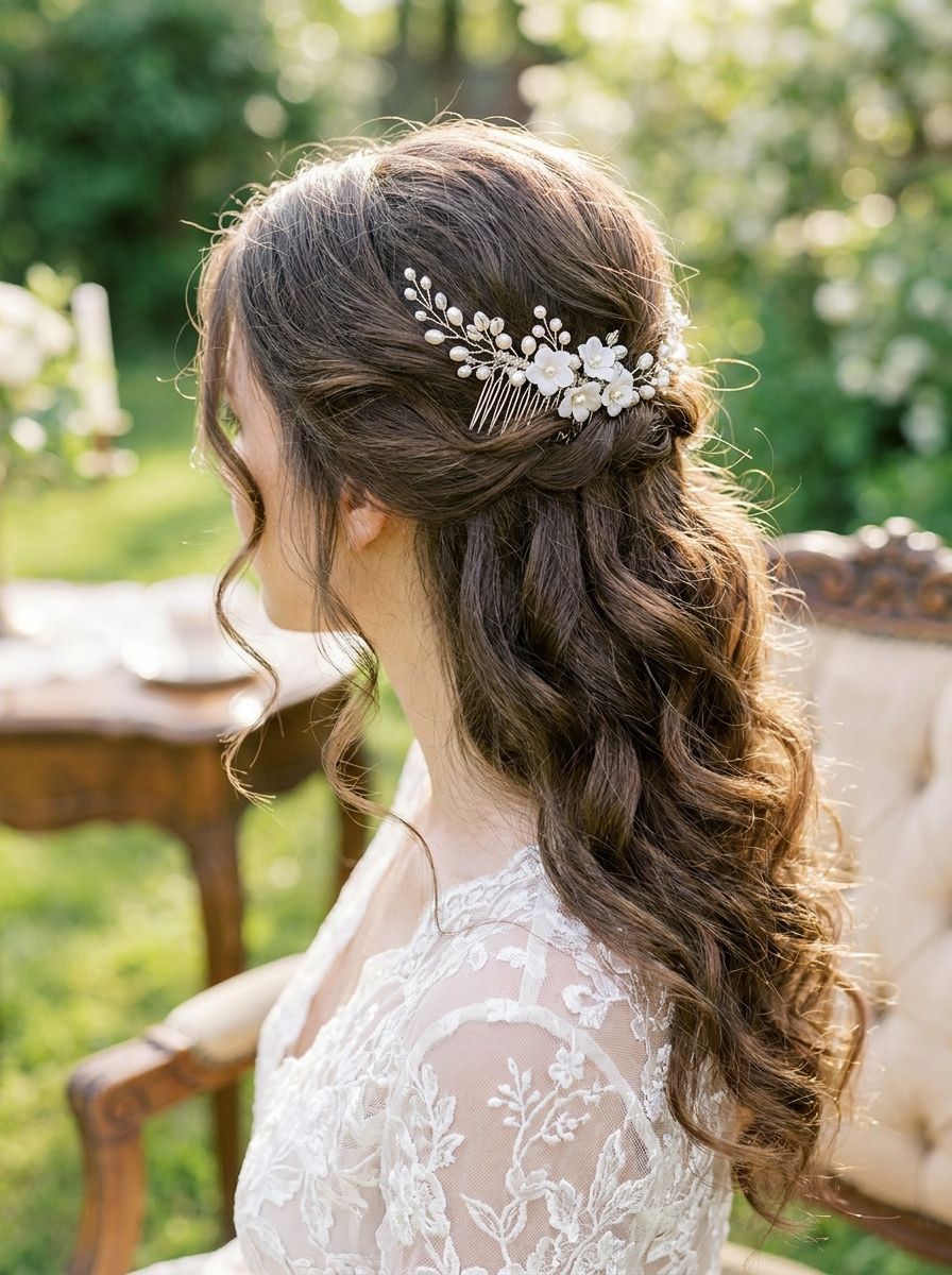Lockige Half-Up Frisur mit Haarkamm - Locken Frisuren Hochzeit